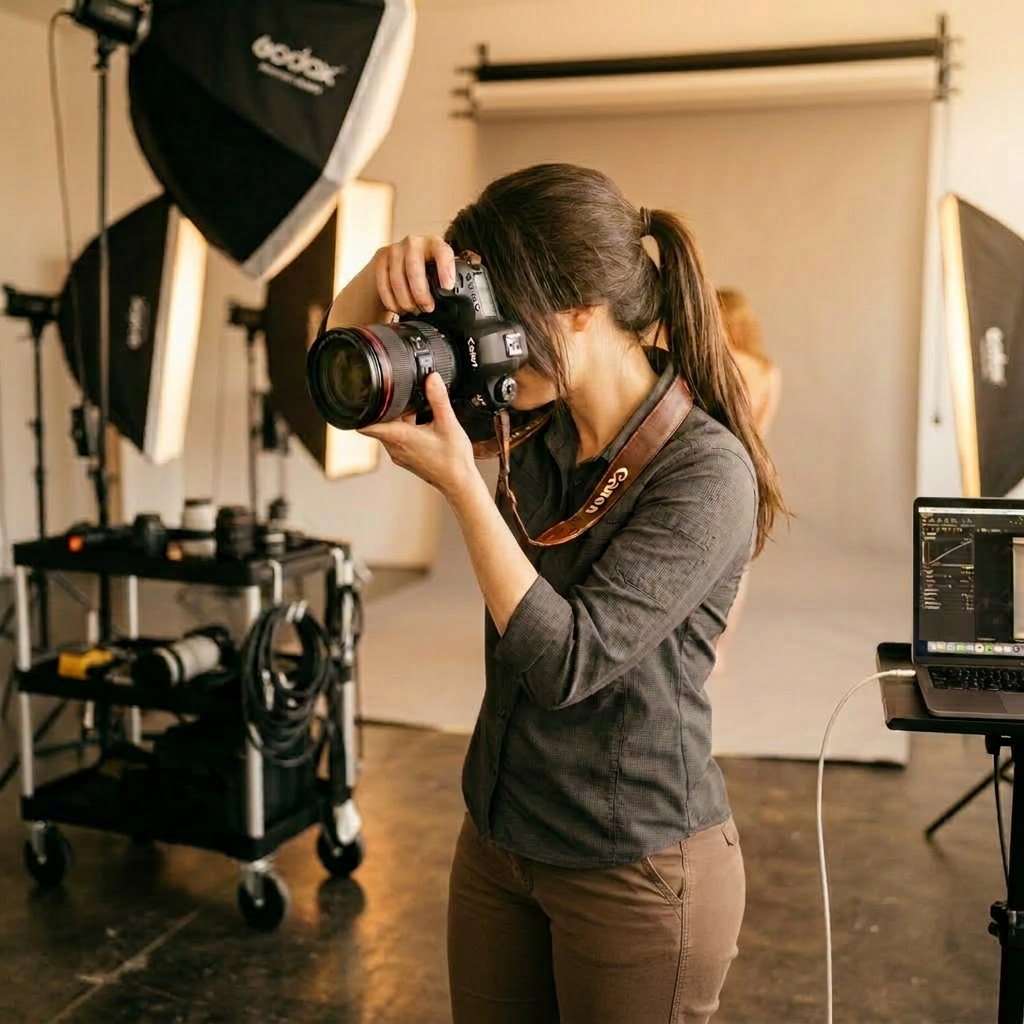 Female photographer holding DSLR camera in a photo studio with lighting equipment