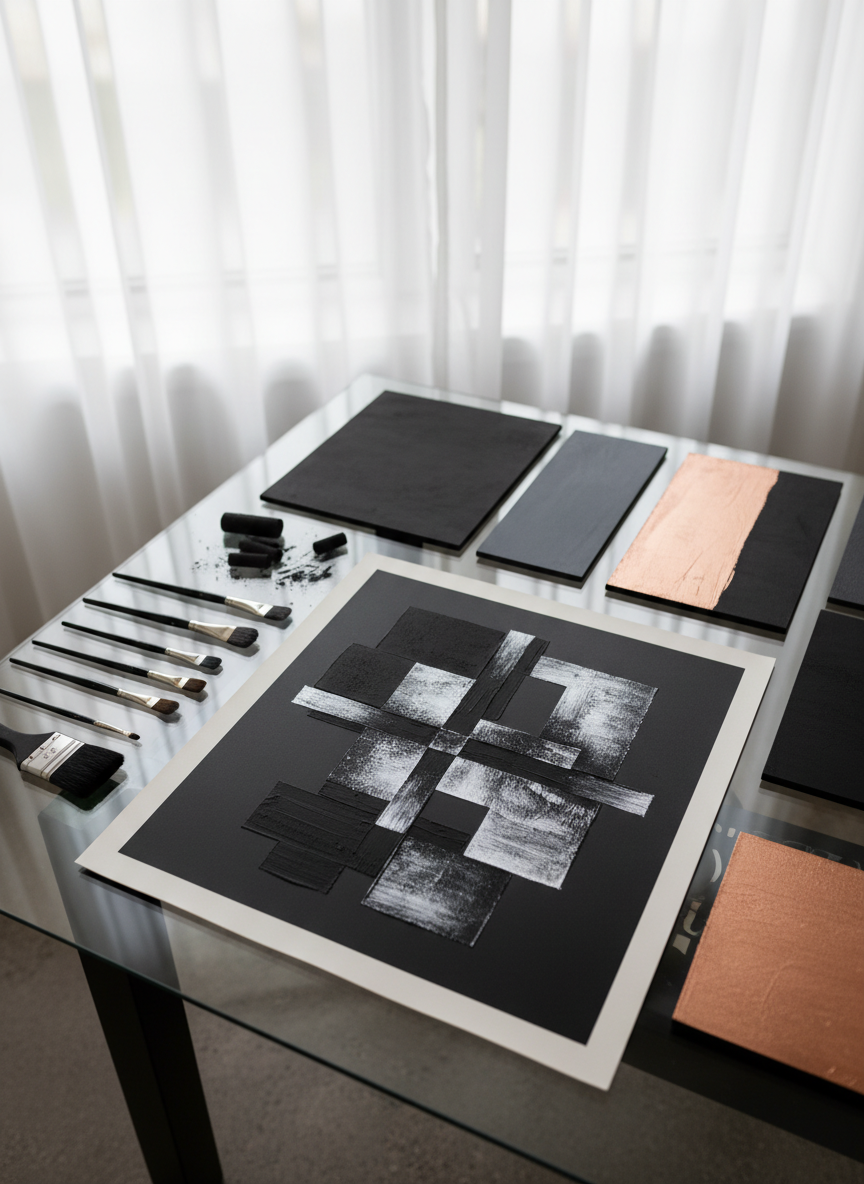 A sleek glass-topped studio table scattered with high-quality art tools: charcoal sticks with powder residue, neatly arranged synthetic brushes tipped with dark paint, and thick, textured sample boards painted in rich onyx, slate gray, and metallic copper. A large, square art print rests in the center, showcasing an abstract composition of layered blacks and silvers. The table stands near a tall window framed by sheer white curtains, with overcast daylight creating even, soft illumination and gentle reflections in the glass surface. Photographic realism, overhead three-quarter angle, shallow depth of field that keeps the central artwork sharp while allowing the edges to blur slightly. The mood is calm, precise, and sophisticated, evoking a professional artist’s workspace without visual clutter.