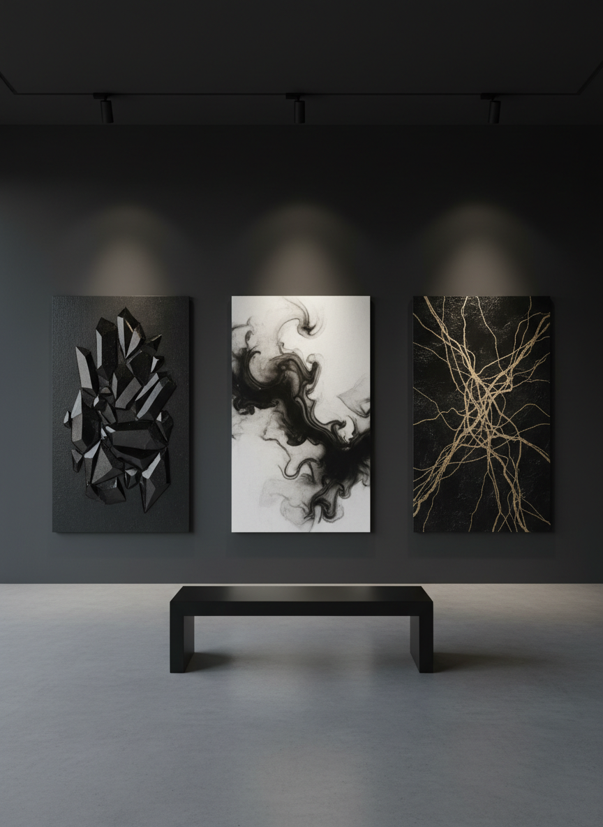A series of three vertical canvas panels mounted on a dark charcoal wall in a minimalist gallery-like room. Each canvas features a different abstract onyx-inspired composition: one with sharp faceted shapes reminiscent of gemstones, another with flowing smoky gradients, and the third with delicate metallic linework in pale gold. A low, matte black bench sits several feet away, emphasizing the viewing space. Discreet track lighting from the ceiling casts focused, warm-white beams on each canvas, creating subtle dimensional shadows and highlighting surface textures. Photographic realism with a centered, wide-angle composition and sharp focus throughout the room. The atmosphere is quiet, polished, and museum-level refined, ideal for presenting a sophisticated body of work in an online portfolio.