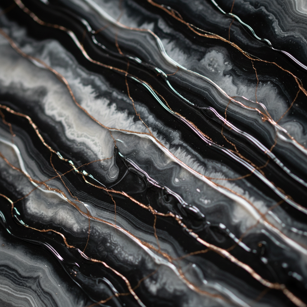 A close-up photographic view of a highly textured abstract painting inspired by onyx stone, filling the entire frame. Swirling layers of deep black, smoky gray, and translucent milky white pigments form natural, vein-like patterns, with thin threads of metallic bronze catching the light. Thick impasto ridges and glossy resin-like areas create tactile variety across the surface. Soft, directional side lighting from the left emphasizes the relief and produces delicate micro-shadows in the crevices, suggesting depth and luxury. Photographic realism with a macro lens effect and extremely shallow depth of field, keeping the central swirls in crisp focus while the outer edges gently fall into blur. The mood is intimate, opulent, and intensely material-focused, perfect for highlighting the artist’s attention to surface and detail.