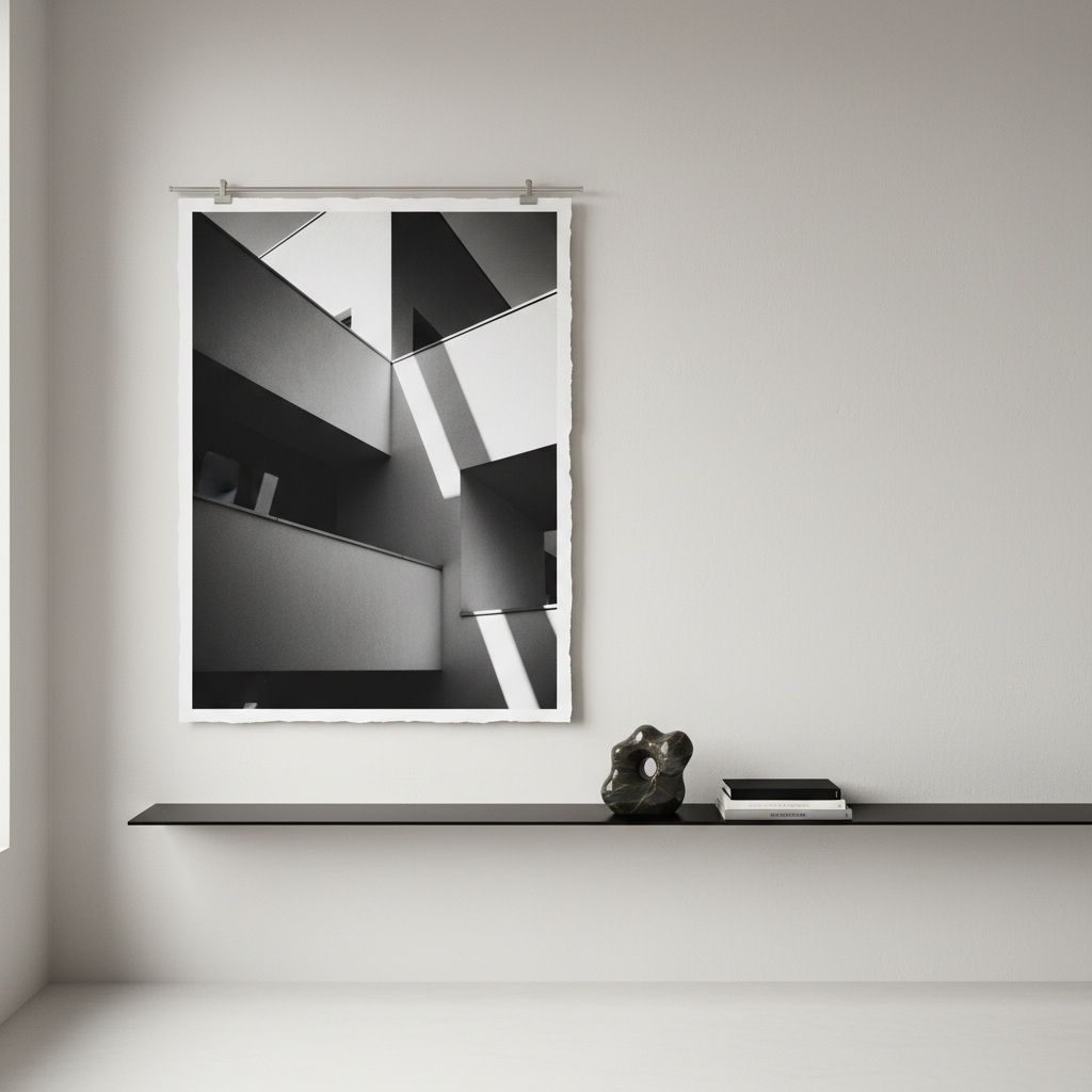 A large-format fine art print of a moody black-and-white architectural photograph clipped to a minimalist metal rail against an off-white studio wall. The image within the print shows dramatic shadows and angular lines of a modern building, emphasizing contrast and structure. Below, a slim, matte-black console shelf holds a single onyx-like stone sculpture and a small stack of art books with monochrome spines. Soft north-facing daylight from a tall, unseen window bathes the scene in cool, even light, with faint shadows grounding the objects. Photographic realism, eye-level composition using the rule of thirds, and a slightly wide frame that leaves generous negative space. The mood is intellectual, restrained, and sophisticated, bridging Emilia Sokolowska’s interest in photography, sculpture, and design.