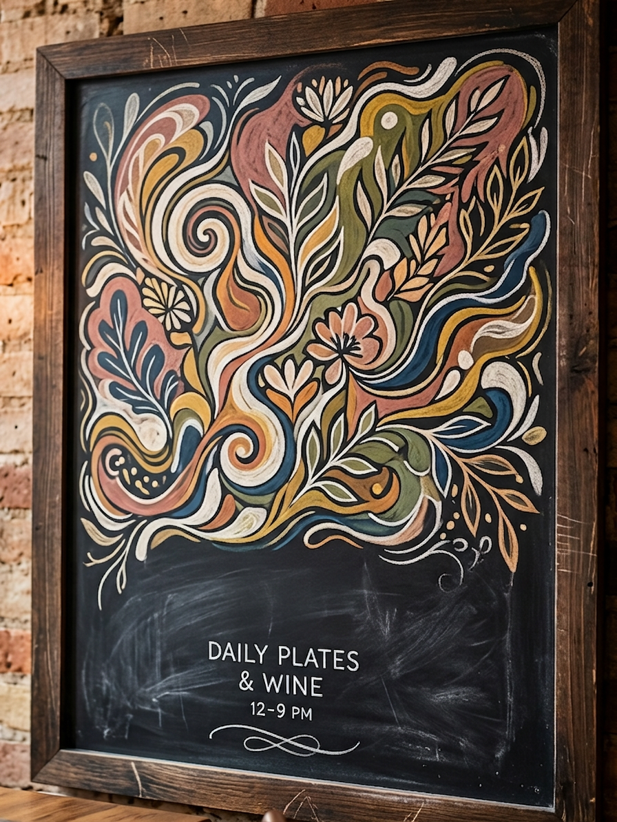 Chalkboard Menu in Cozy Restaurant Chalkboard menu reading “Menu, Daily Plates & Wine, 12–9 PM”
